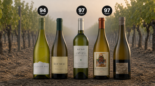 Six bottles of sauvignon blanc in a row on a vineyard path, with three black circular labels above them showing point scores of 94, 97, and 97. The background shows blurred grapevine rows in warm golden light.