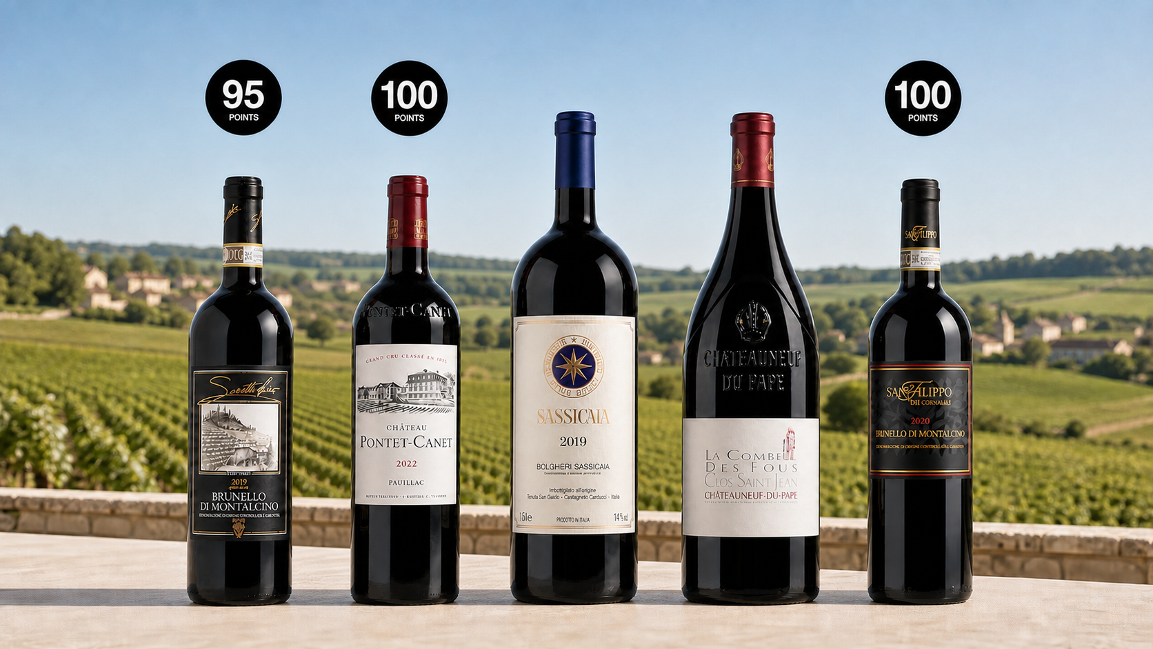 Five VIP Italian and French reds, led by a Sassicaia magnum, overlooking Burgundy vineyards in daylight.