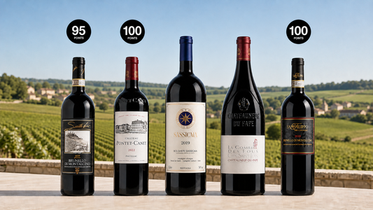Five VIP Italian and French reds, led by a Sassicaia magnum, overlooking Burgundy vineyards in daylight.