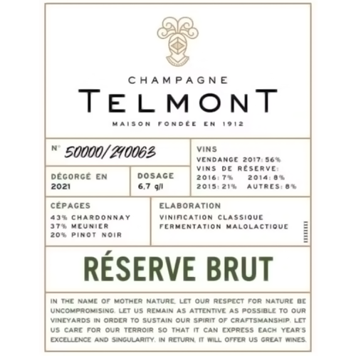 Telmont Champagne Reserve Brut 750ML (91 Points - Decanter, 91 Points - Wine Spectator)